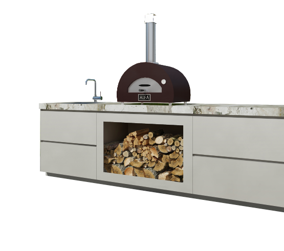 Design buitenkeuken met pizza-oven en houtopslag